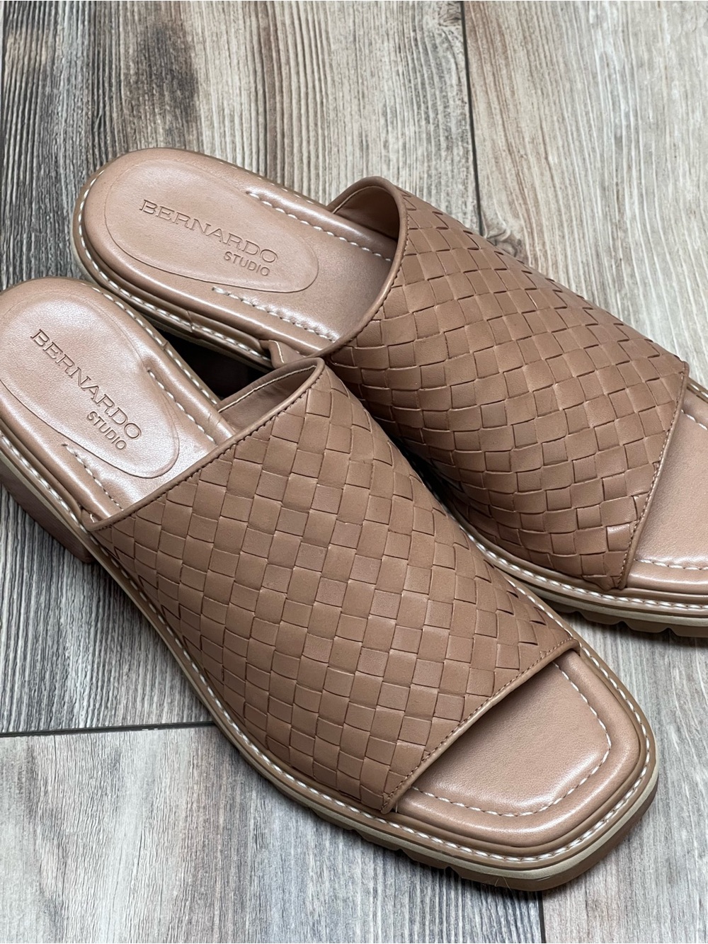 Bernardo Studio Woven Slide Sandals in Taupe Brown